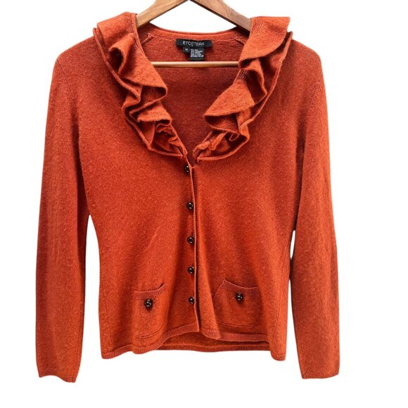 Etcetera Sweater Silk & Cashmere Ruffled Collar Button-Up Cardigan Rust Orange M - Picture 1 of 5